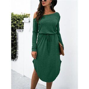 One-Shoulder Long Sleeve Midi Dress with Drawstring Waist
